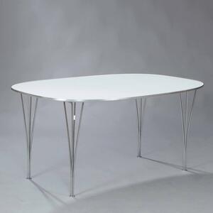 Bruno Mathsson, Piet Hein Superellipse, spisebord med top af hvid laminat, opsat på klemben af forkromet stål. Model B412.
