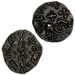 England, Northumberland, Aethelred II, 841 - 849, styca, S 865, North 188, 2 varianter præget af forskellige møntmestre Fordred, Leofdegn