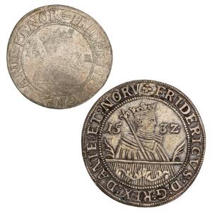 Frederik I, sølvgylden 1532, G 256, S 6, støbt, der kendes ingen prægede eksemplarer, kvart sølvgylden 1532, G 52, galvanisk kopi, ialt 2 stk.