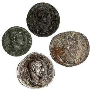 Kejserdømmet, Domitian 81 - 96 A.D, quadrans, Maximinus I, 235 - 238, denar, Postumus 259 - 268 A.D, antoninianus, Valens 364 - 378, Æ 4, kobbermønt, ialt 4 stk