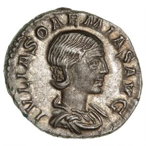 Romerske kejserdømme, Julia Soaemias, mot til Elagaballus, denar 221 e. Kr, RIC 242