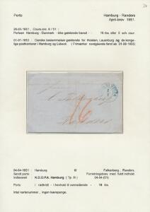 1851. Brev fra Hamburg 4.APRIL 1851  til Randers. Påtegnet 16 i rødkridt. Monteret med analyse på udstillingsplanche