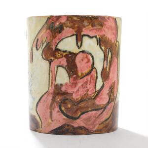 Knud Jans Cylinderformet vase af lertøj dekoreret med abstrakt motiv, lyserød, brun og lys glasur. Sign. i bunden Knud Jans IV-1978. H. 20,5.