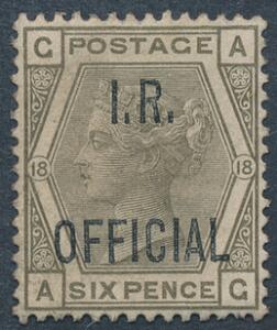 England. I. R. OFFICIAL. 1882. Victoria. 6 d. grå. Smukt ubrugt mærke. SG £ 575