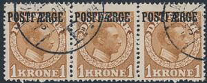 1919. Chr.X. 1 kr. gulbrun. Stemplet 3-STRIBE med Variant POSFFÆRGE. Sjælden variant. Annulleret med brotype-stempel. AFA 21000. Attest Grønlund.