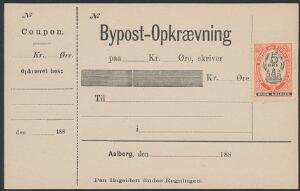 Aalborg Bypost. 1884. Ubrugt Bypost-Opkrævnings kort påsat 5 øre, rødsort