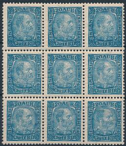 1902. Chr.IX. 20 aur, blå. Postfrisk 9-BLOK med variant PJÓNUSTA. Facit 2140