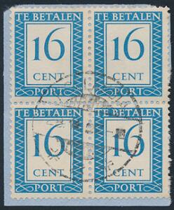 Hollandsk Newguinea. Porto. 1953. 16 cent, blå. Sjælden stemplet 4-BLOK. kun et 629 mærker blev brugt.