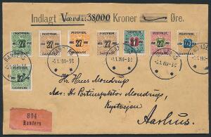 1918. 27 øres, provisorier. 8 værdier på værdibrev på 38000 kr, sendt til Århus, stemplet i RANDERS 6.1.19. Smuk og sjælden forsendelse.