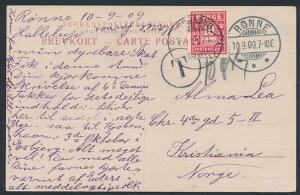 1909. Ufrankeret postkort sendt til NORGE, og sat i strafporto og betalt med 10 øre, rød.
