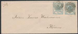 1864. 2 skilling, blå. Par på SKIBS-brev sendt fra København til Rønne, annulleret med nr.stempler 61 Rønne.