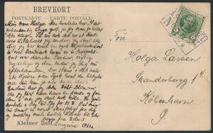 1907. Fr. VIII, 5 øre, grøn. På postkort, annulleret med rammestempel KORSØR-KIEL DPSK.POSTKT.