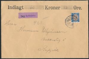 1931. Chr.X. 1 kr. brunblå. Linieret udgave. Singlefrankering på værdi-brev fra SEYDUSFJÓRDUR til Reykjavik.