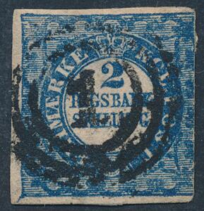 1852. 2 RBS Thiele, blå. Pænt stemplet mærke, beklippet i højre side. AFA 10000