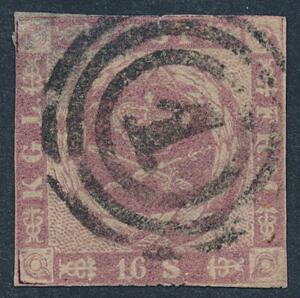 1863. 16 sk. rosalilla. Stukken kant. Pænt stemplet mærke med afklippet stikning samt tyndhed i øvre venstre side. AFA 7500