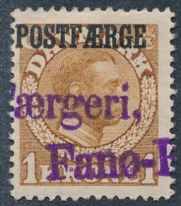1919. Chr.X. 1 kr. gulbrun. Smukt mærke med violet linie-stempel. AFA 1500