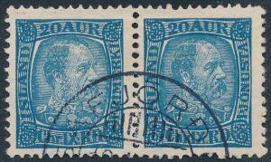 1902. Chr.IX. 20 aur, blå. Stemplet par med variant PJÓNUSTA. Facit 1600