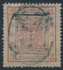 Kina. 1878. Stor Drage. 3 Ca. rød. Stemplet. Michel EURO 300