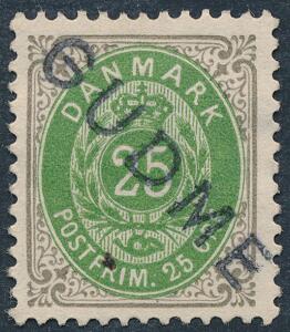 1895. 25 øre, grågrøn, tk.12. Annulleret med liniestempel GUDME