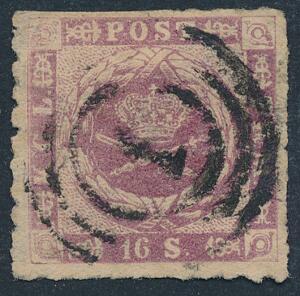 1863. 16 sk. rosalilla. Stukken kant. Pænt og farvefriskt mærke, dog med lille fold i øvre højre hjørne. AFA 7500