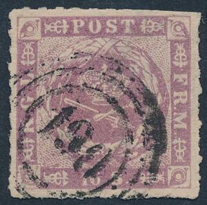 1863. 16 sk. rosalilla. Stukken kant. Pænt og farvefriskt mærke, dog med let afklippet stikning i øvre højre side. AFA 7500