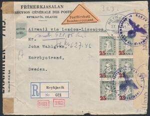 1941. Anbefalet censurbrev til Sverige, frankeret med 6-blok af 253 aur. B