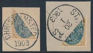 1873-1902. 4 cents brunblå, tk. 14 og tk. 12 34. Halveret diagonalt på 2 små klip, annulleret hhv. Christiansted 17.2.1903 og St. Thomas 20.1.1903.