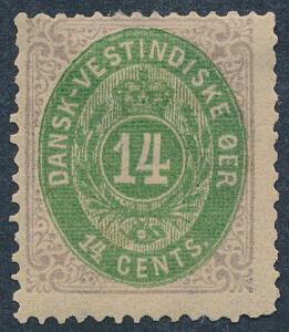 1873. 14 cents, lillagrøn. Ubrugt eksemplar med sædvanlige takningsproblemer. AFA 7000