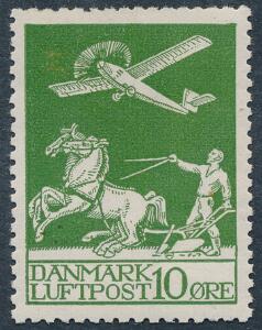 1925. Gl. luftpost, 10 øre, grøn. Variant sten under plov. Ubrugt.