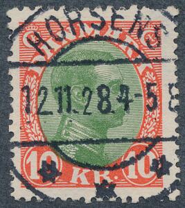 1927. Chr. X, 10 kr. rødgrøn. Annulleret med retvendt stempel HORSENS 12.11.28. Udtalelse Nielsen PRAGTEKSEMPLAR.