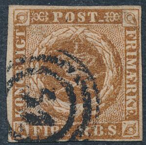 1854. 4 RBS Thiele III, nøddebrun. Annulleret med nr.stempel 61 Rønne. AFA 2700