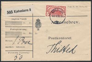 1912. 5 kr. Posthus, brunrød. Vm.III. Sjælden SINGLE FRANKERING på adressebrev til Thisted, annulleret KJØBENHAVN 6.7.17.