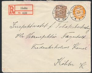 1934. Karavel. 25 øre, brun. Type I. Brugt som opfrankering på 10 øres helsag, orange, sendt anbefalet fra HOLTE 14.3.34, til København. PRAGT-brev.