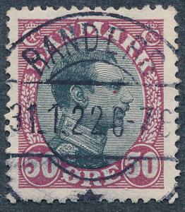 1918. Chr. X, 50 øre vinrødsort. LUXUS-stempel RANDERS 31.1.22.
