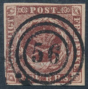 1852. 4 RBS Thiele I, rødbrun. PRAGT-mærke med retvendt nr.stempel 56.