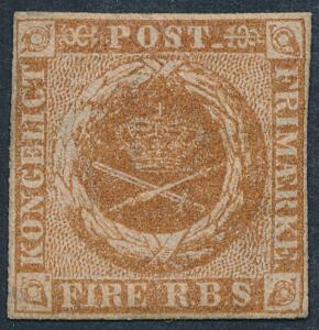 1854. 4 RBS Thiele III, gulbrun. Sjældent ubrugt mærke, hængset med fuld original gummi. AFA 8200. Attest Nielsen.