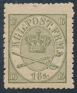 1864. 16 sk. oliven. Smukt ubrugt mærke med mikroskopisi hængselspor. AFA 4500. Attest Møller BPP.