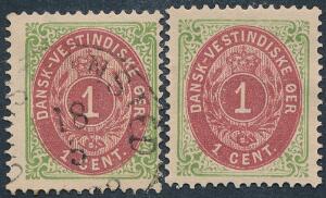 1873. 1 cent, grønrødlilla, omv. rm. 2 pæne eksemplarer, begge med OMVENDT VANDMÆRKE. AFA 1200