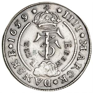 Frederik III, 4 mark  krone 1659, Eben Ezer,  H 100A, Aagaard 76.1, kraftige monteringsspor samt renset