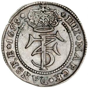 Frederik III, 4 mark  krone 1659, H 95A, Aagaard 72.2, renset, blanketfejl