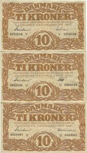 10 kr 1941 Q, 1943 U, 1943 V, Sieg 105, DOP 124, Pick 31, 3 stk. med forskellige underskrifter