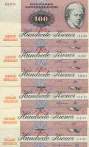 100 kr 1991 - 1993, Sieg 142, alle ucirkulerede og med forskellige seriebogstaver og underskrifter, ialt 6 stk.