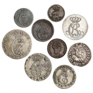 Christian IV - Christian VIII, 9 sølv- og kobbermønter inkl 8 skilling 1629, H 140B, borgerskabets mønt