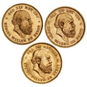 Nederlandene, 10 Gulden 1875, 1876, 1877, F 342, i alt 3 stk.