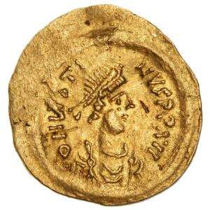 Byzantinske kejserdømme, Justin II, 565-578 e.Kr., tremissis, Au, Konstantinopel, 1,45 g, Sear 353