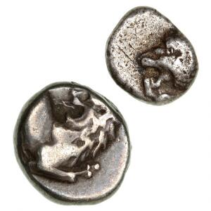 Antikkens Grækenland, Ionien, Milet, 6.-5. århundrede f.Kr, diobol, 1,03 g,  Thrakien, Chersonesos, ca 480-350 f.Kr., hemidrakme, 2,53 g. 2