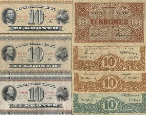 10 kr 1939, 1943, 1944 BZ, 1948, 1952 blinde-tier, 1955, 1959, 1970-7413. 20