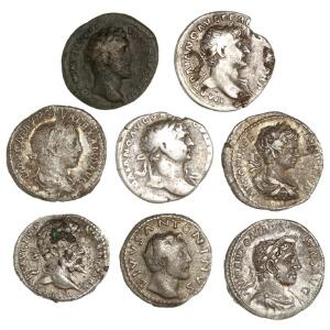 Romerske kejserdømme, 8 denarer, heraf én samtidig forfalskning i kobber, Trajan - Severus Alexander