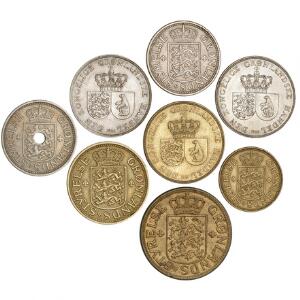 Grønland, komplet sæt officielle mønter, 1926-1964, i alt 8 stk.