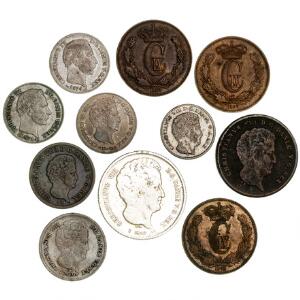 Christian VIII og Christian IX, 11 skillingsmønter inkl 32 RBS 1842 monteringsspor 4 skilling 1874.